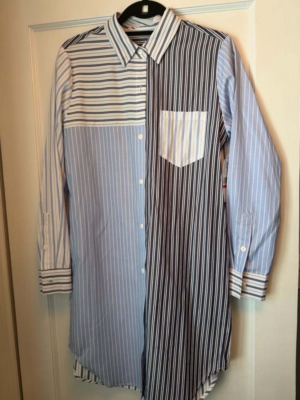 Karen Kane Two-Tone Blue and White Striped Button-Down Shirt Dress